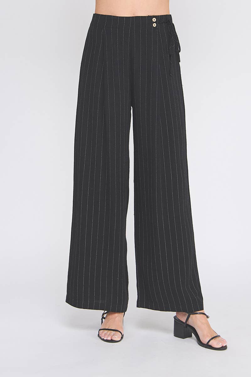 Allie Rose - Pinstripe Soft Linen Wide Leg Pants: Black