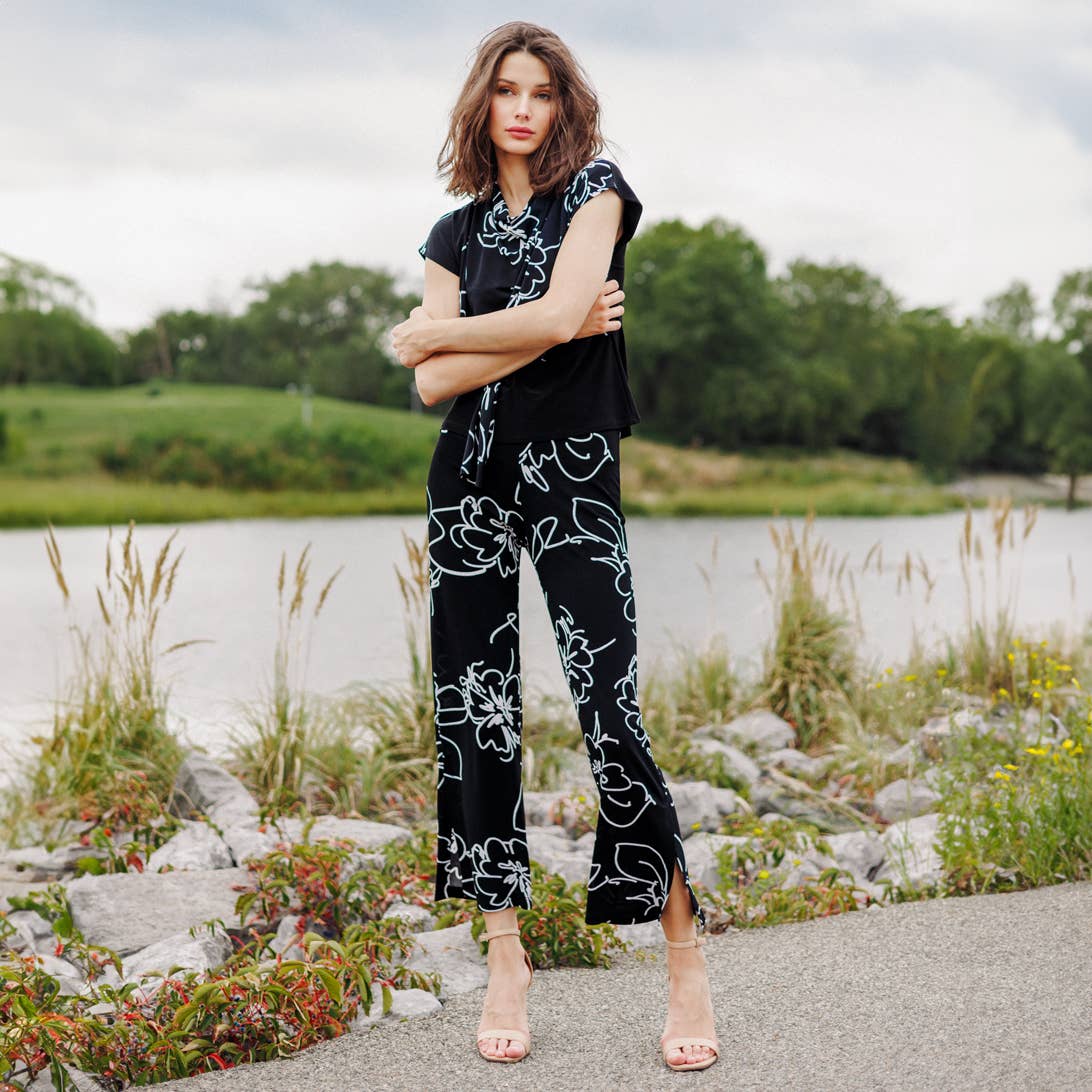 Clara Sunwoo - PT28P1 - Crepe Knit - Side Slit Ankle Pant - Blossom Sketch: Black/White / M