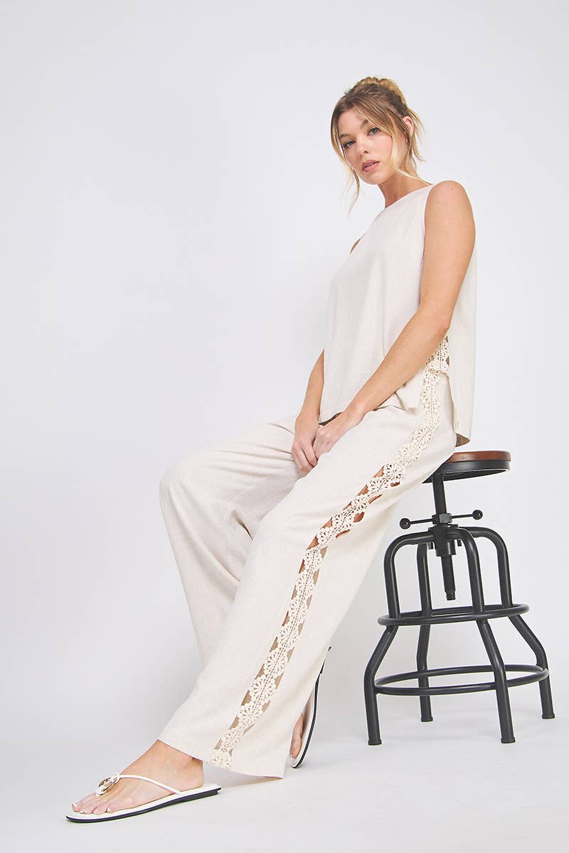Allie Rose - Linen Blend Elastic Tie-Waist Wide Leg Pant: Natural