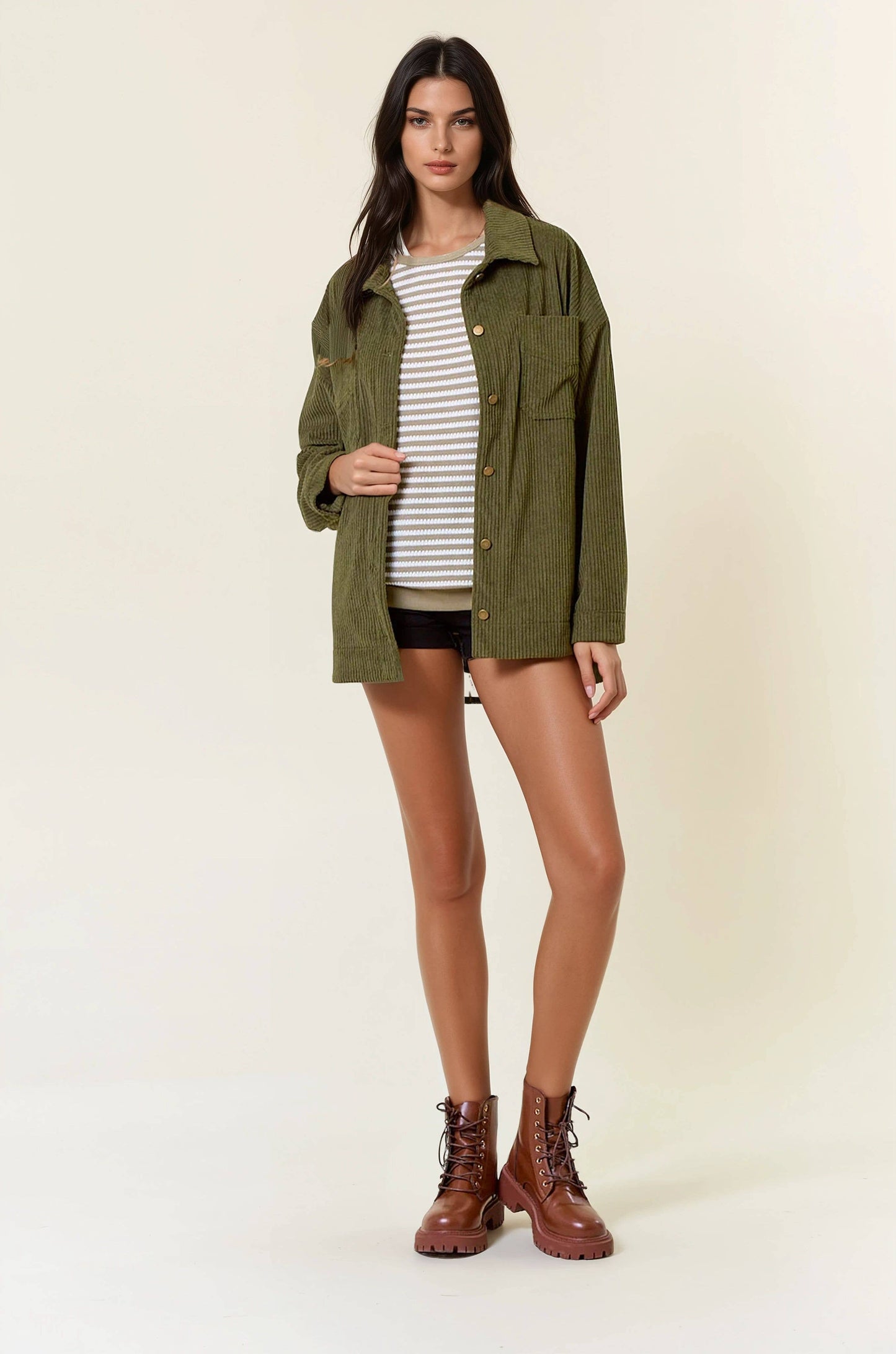 Doe and Rae - Corduroy Front Button Down Oversized Jacket - ARMY