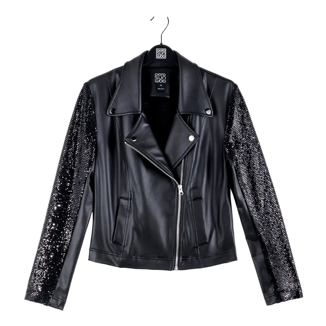 Clara Sunwoo - Sequin Knit - Liquid Leather ™ Sheen Moto Jacket: Black