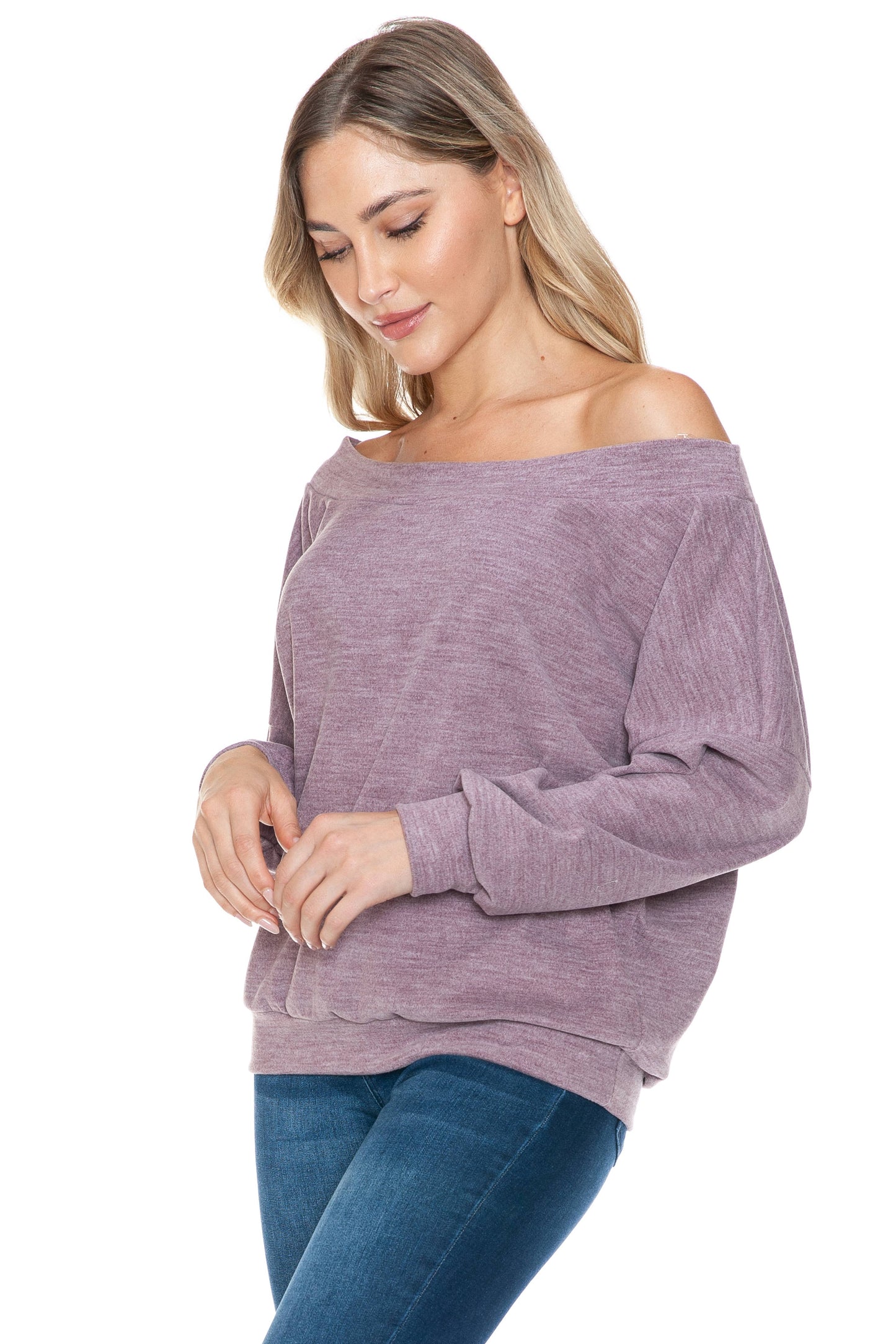 Long Sleeve Off The Shoulder Super Soft Top in Mauve