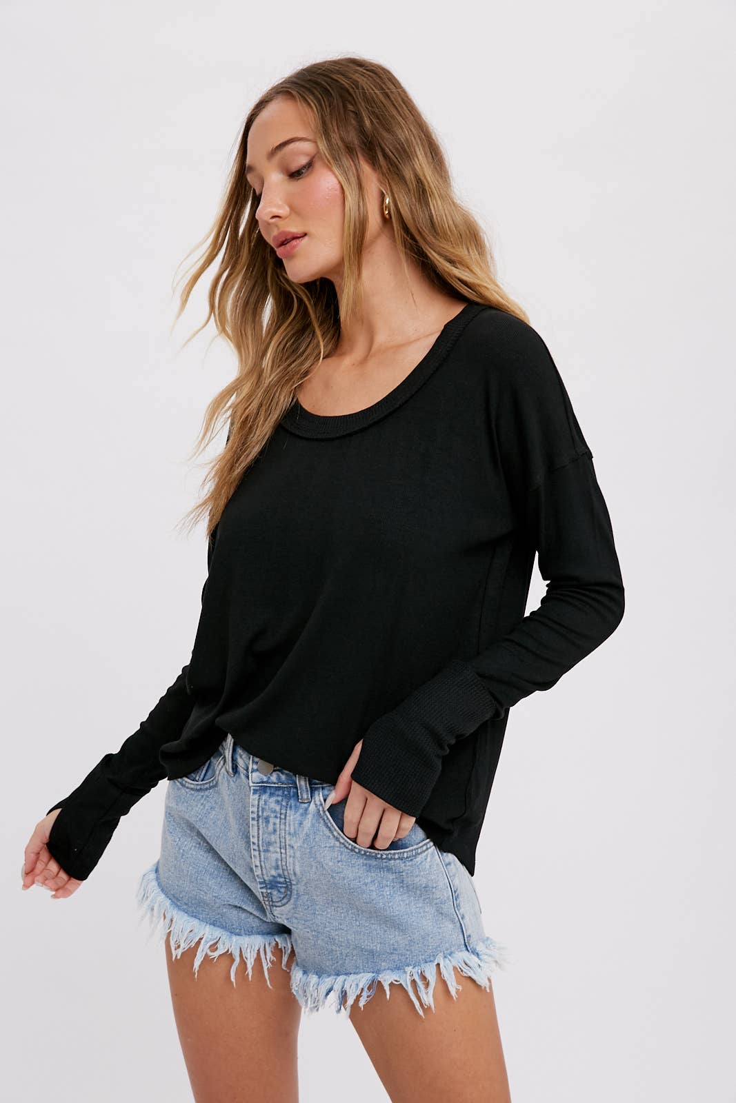 Bluivy - SCOOP NECK CONTRAST SLEEVES TEE: ROSE / L