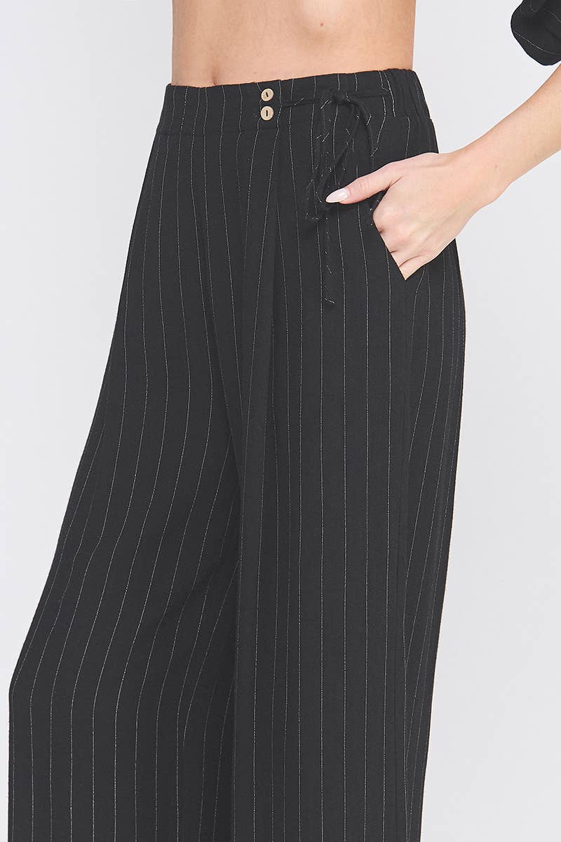 Allie Rose - Pinstripe Soft Linen Wide Leg Pants: Black