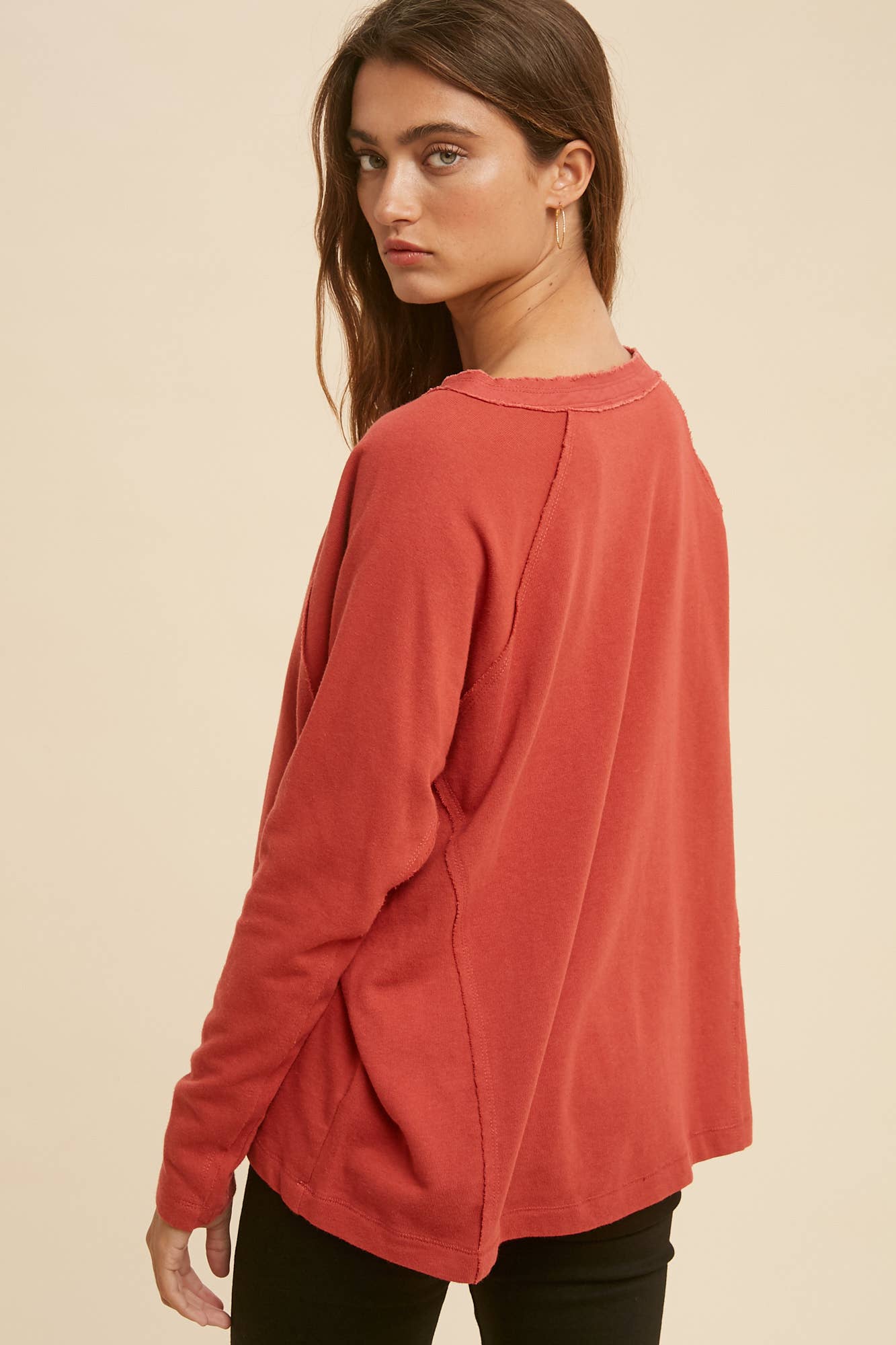 In Loom - FRAYED EDGE LONG SLEEVE HENLEY TOP: BURNT GINGER