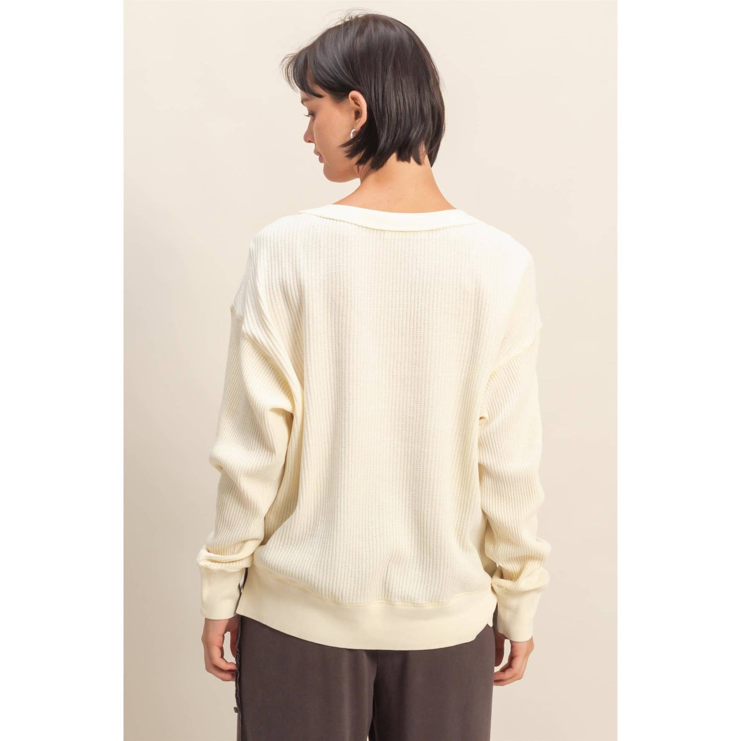 HYFVE - Scoop Neck Waffle Mineral Washed Long Sleeve Top in CREAM