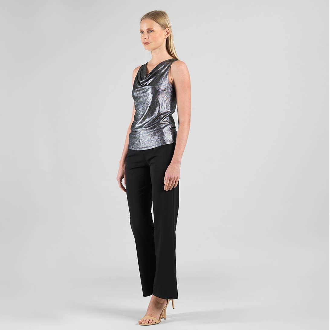 Clara Sunwoo - Metallic Shimmer - Cowl Neck Draped Tank: Gunmetal