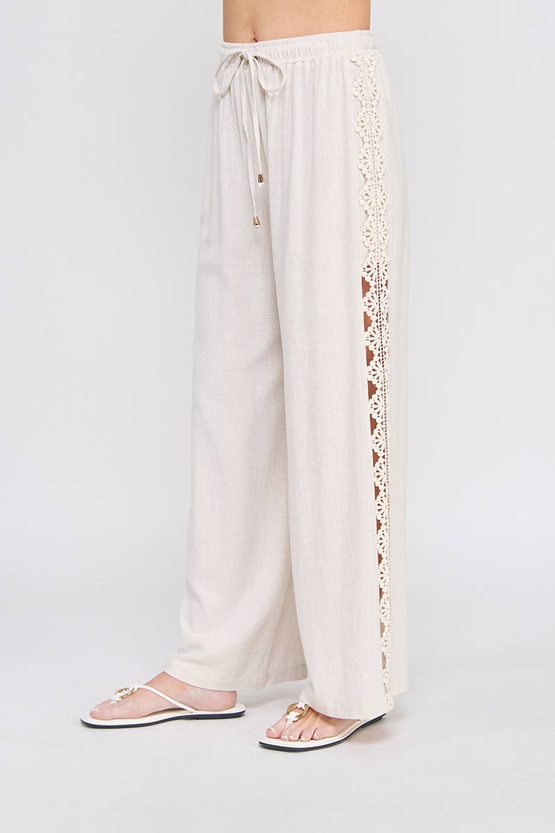 Allie Rose - Linen Blend Elastic Tie-Waist Wide Leg Pant: Natural