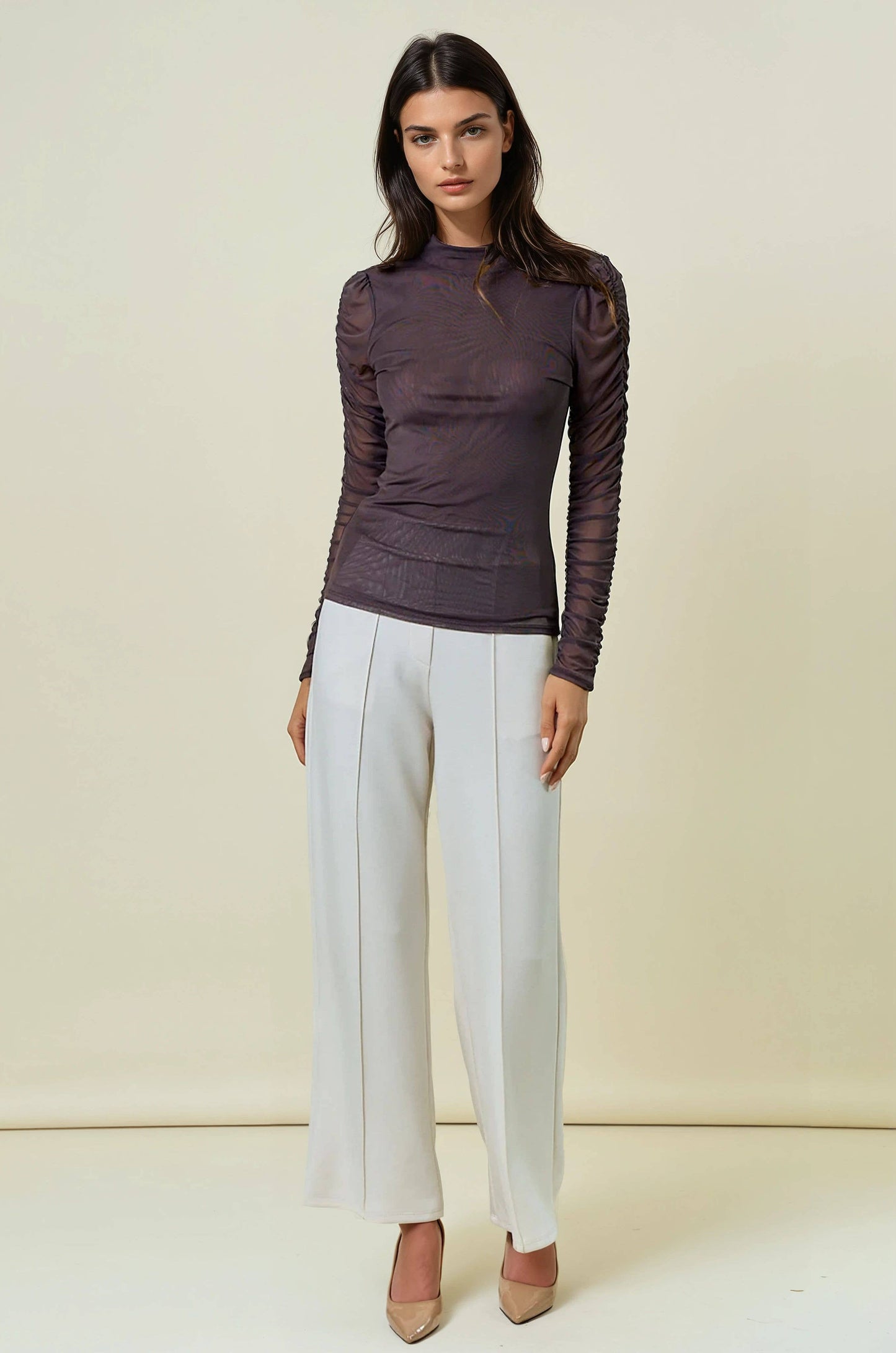 Doe and Rae - SEMI SHEER MOCK NECK LONG SLEEVE TEE - DARK CHOCOLATE