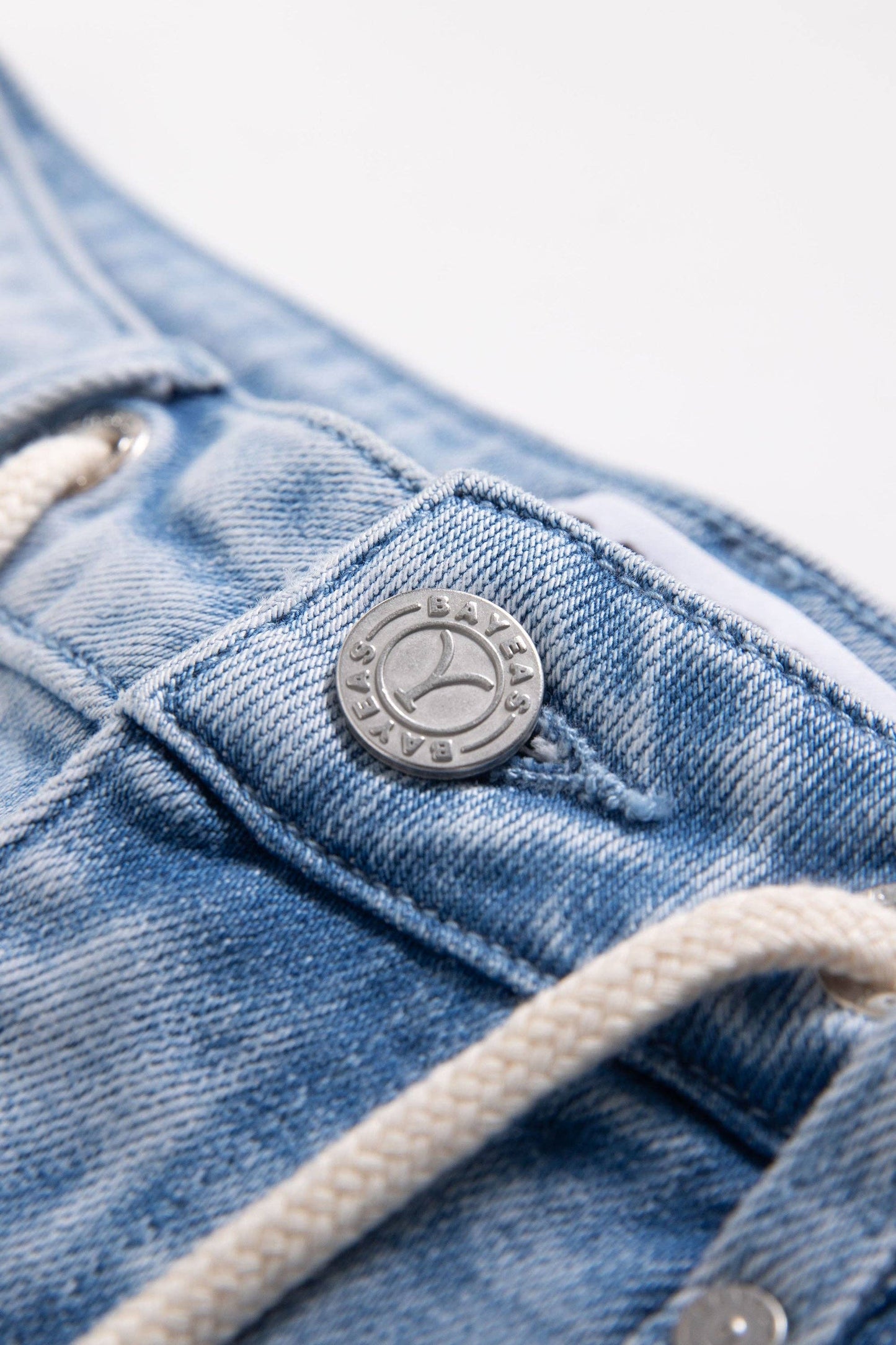 BAYEAS - HIGH RISE DRAWSTRING DENIM JEANS WITH FINISHED HEM LIGHT BLUE