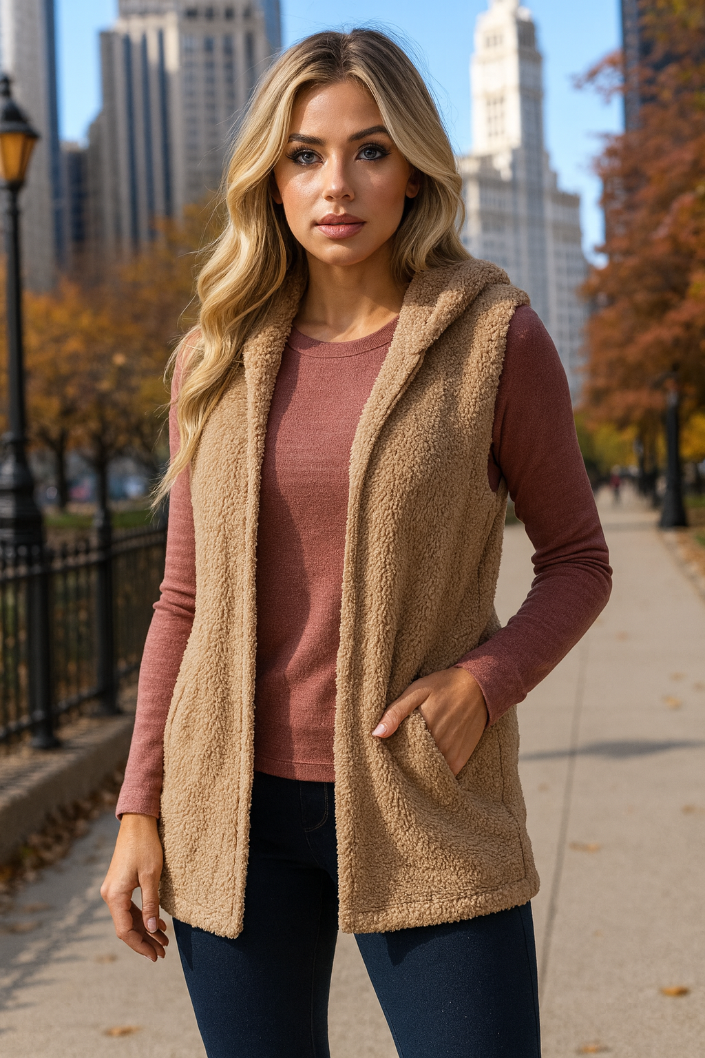 Warm Taupe Hooded Sherpa Vest