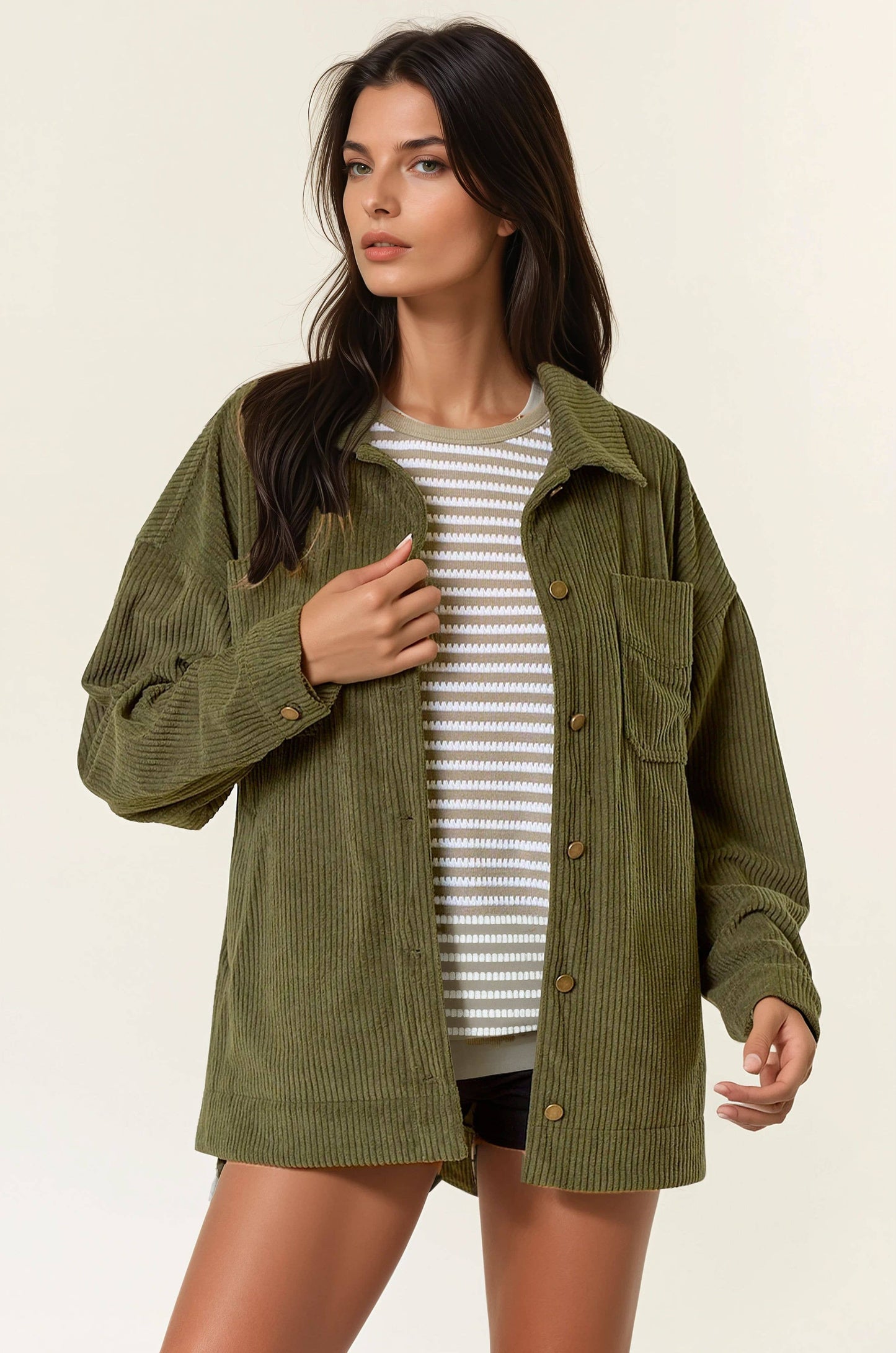 Doe and Rae - Corduroy Front Button Down Oversized Jacket - ARMY