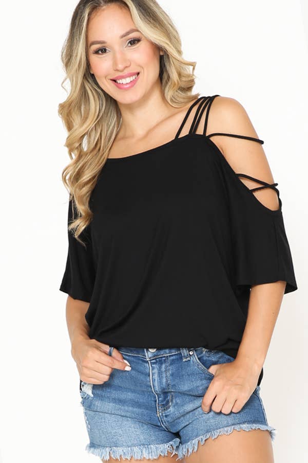Burgundy Apparel - Off One Shoulder with Strap Detail Top BLACK