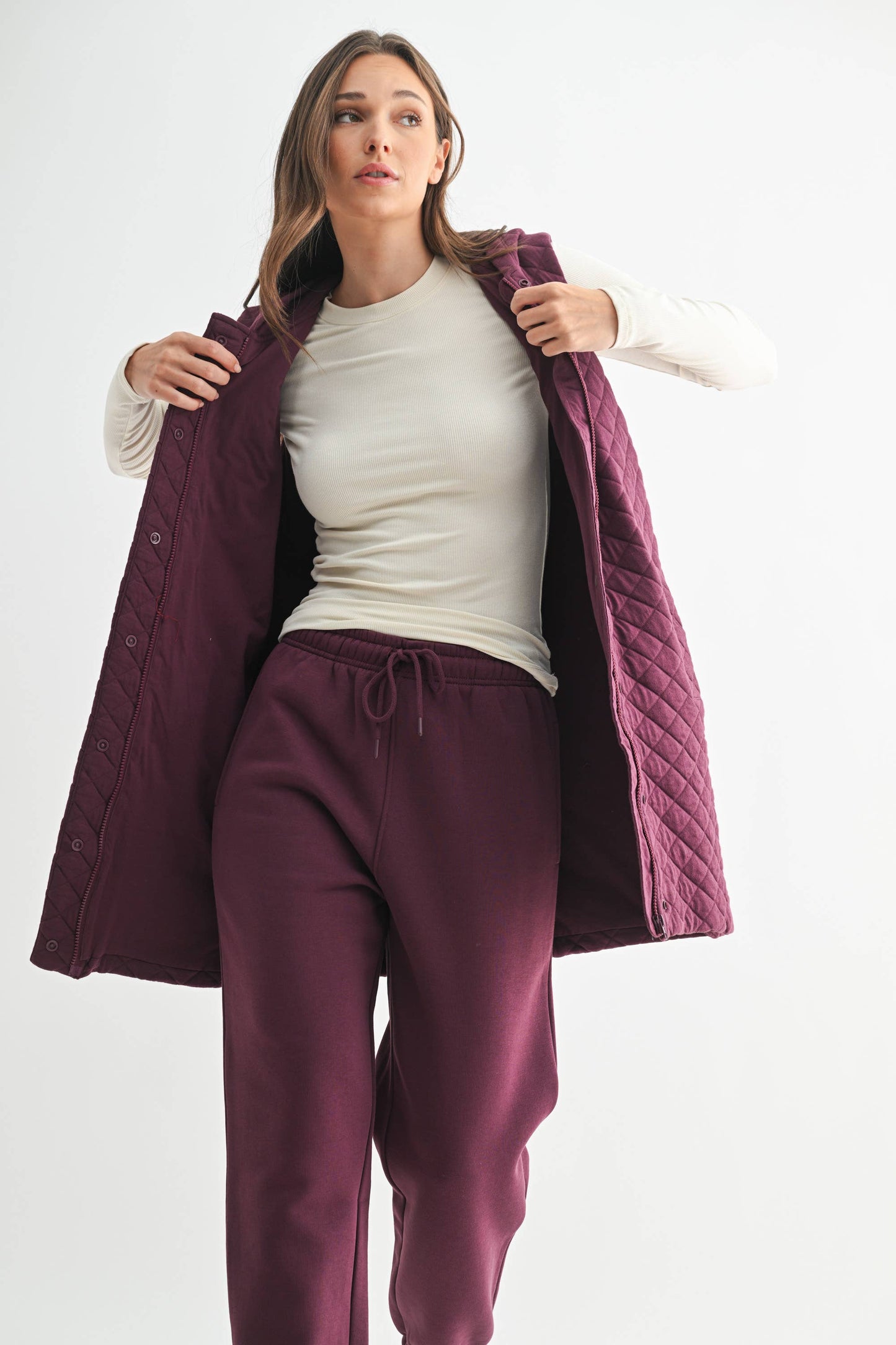 Mono B - Longline Quilted Cotton Blend Vest: DARK PLUM