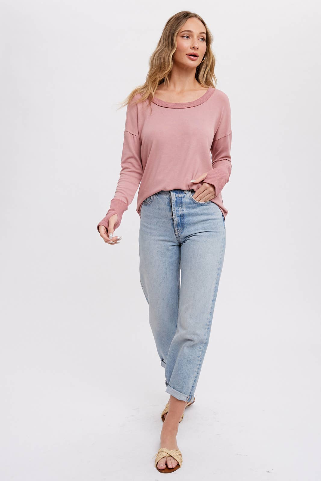 Bluivy - SCOOP NECK CONTRAST SLEEVES TEE: ROSE / L