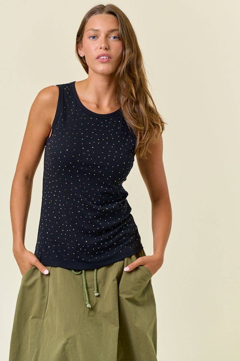 Doe and Rae - RHINESTONE HOTFIX RIBBED RACER TANK - Black