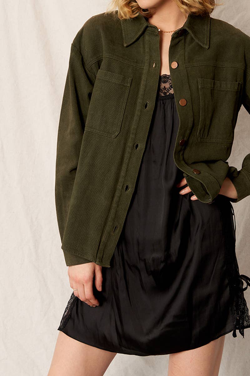 En Crème - Long Sleeve Denim Shirt Jacket: Olive