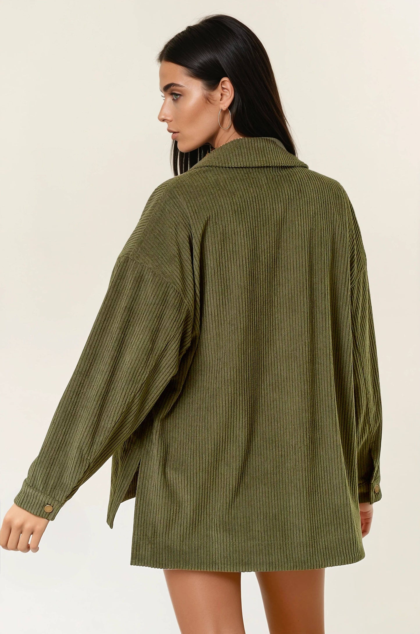 Doe and Rae - Corduroy Front Button Down Oversized Jacket - ARMY