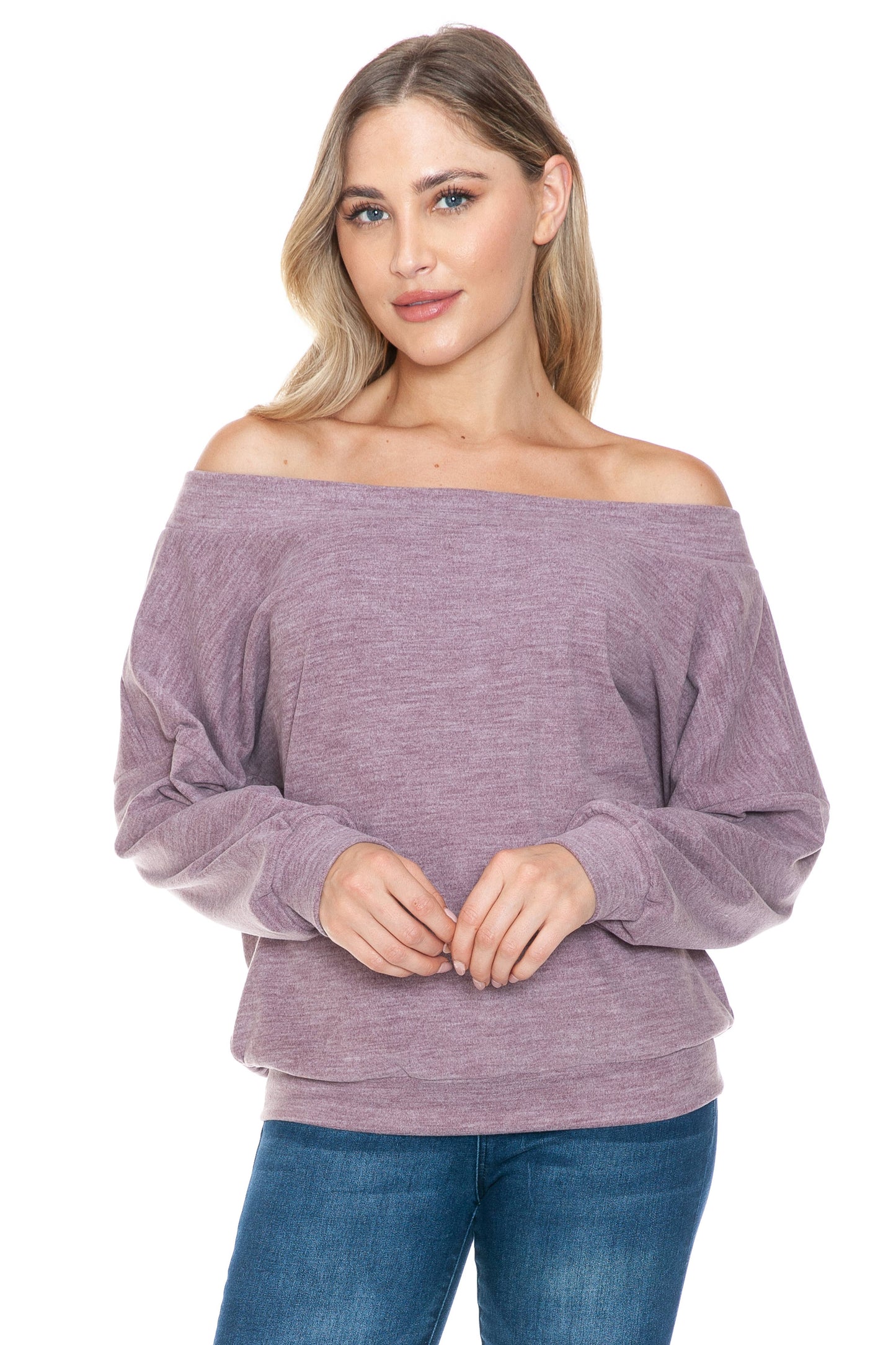 Long Sleeve Off The Shoulder Super Soft Top in Mauve