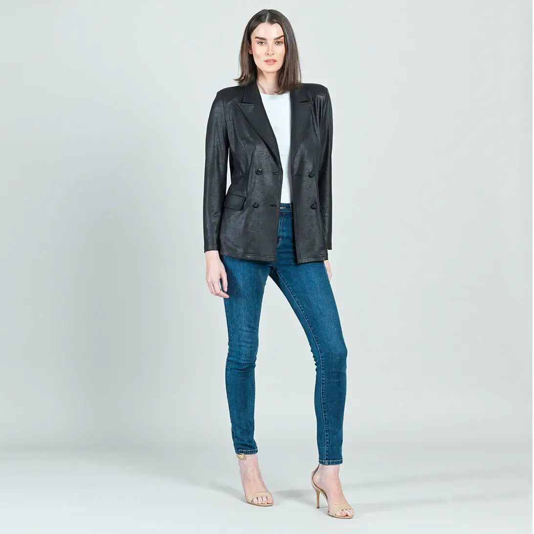 Clara Sunwoo Liquid Leather ™ Double Breasted Blazer: Black