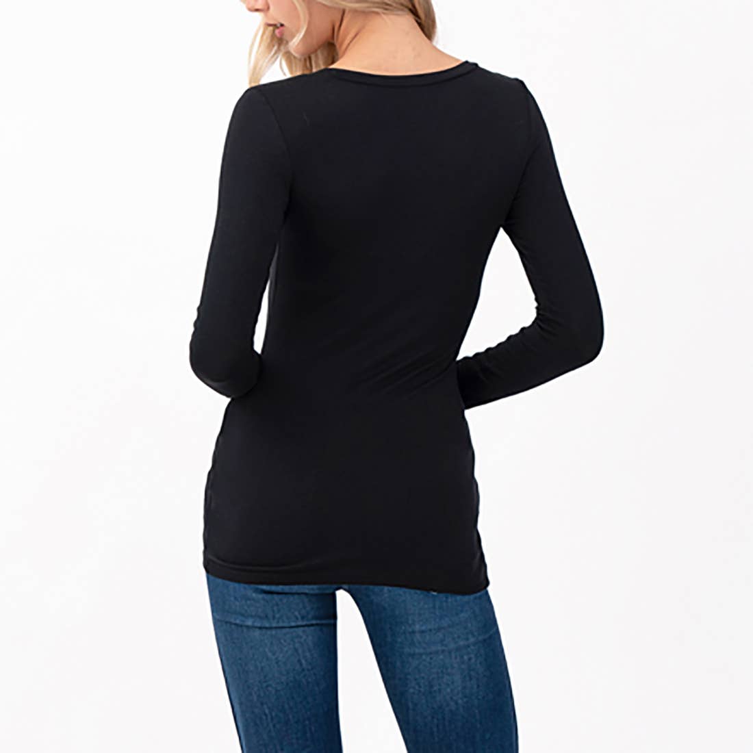 Heimious - Round Neck Long Sleeve Fitted T-Shirt Black