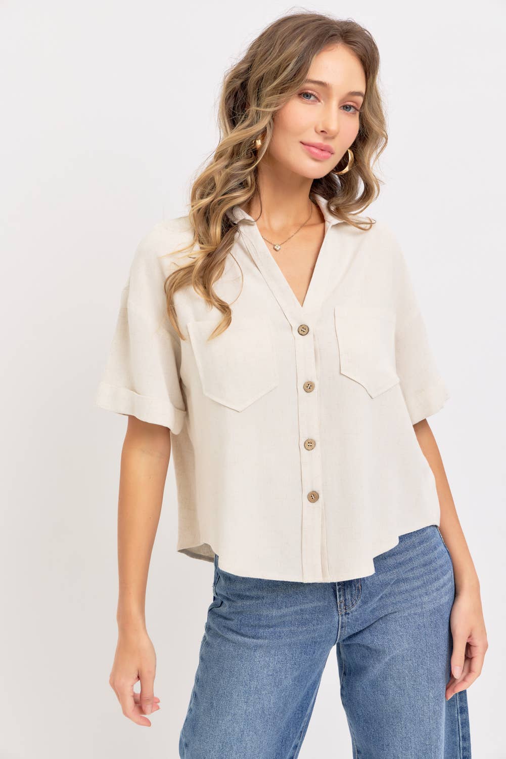 LINEN BLEND CASUAL BUTTON DOWN SHIRT