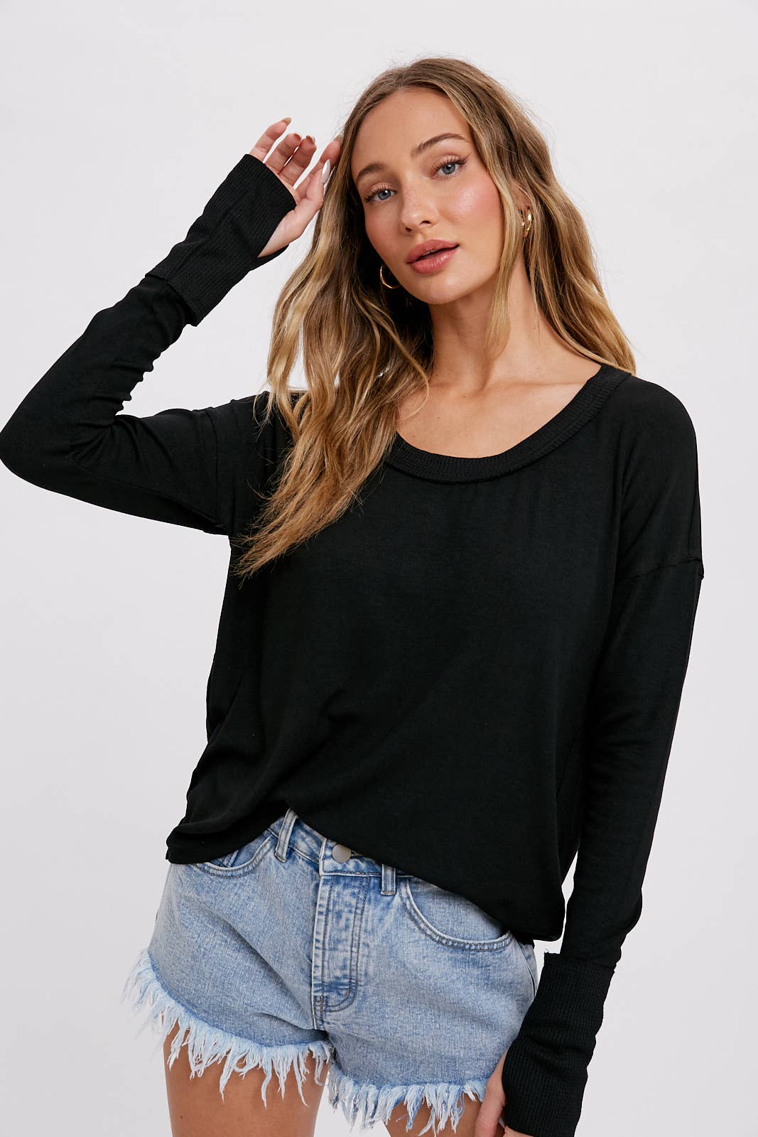 Bluivy - SCOOP NECK CONTRAST SLEEVES TEE: ROSE / L