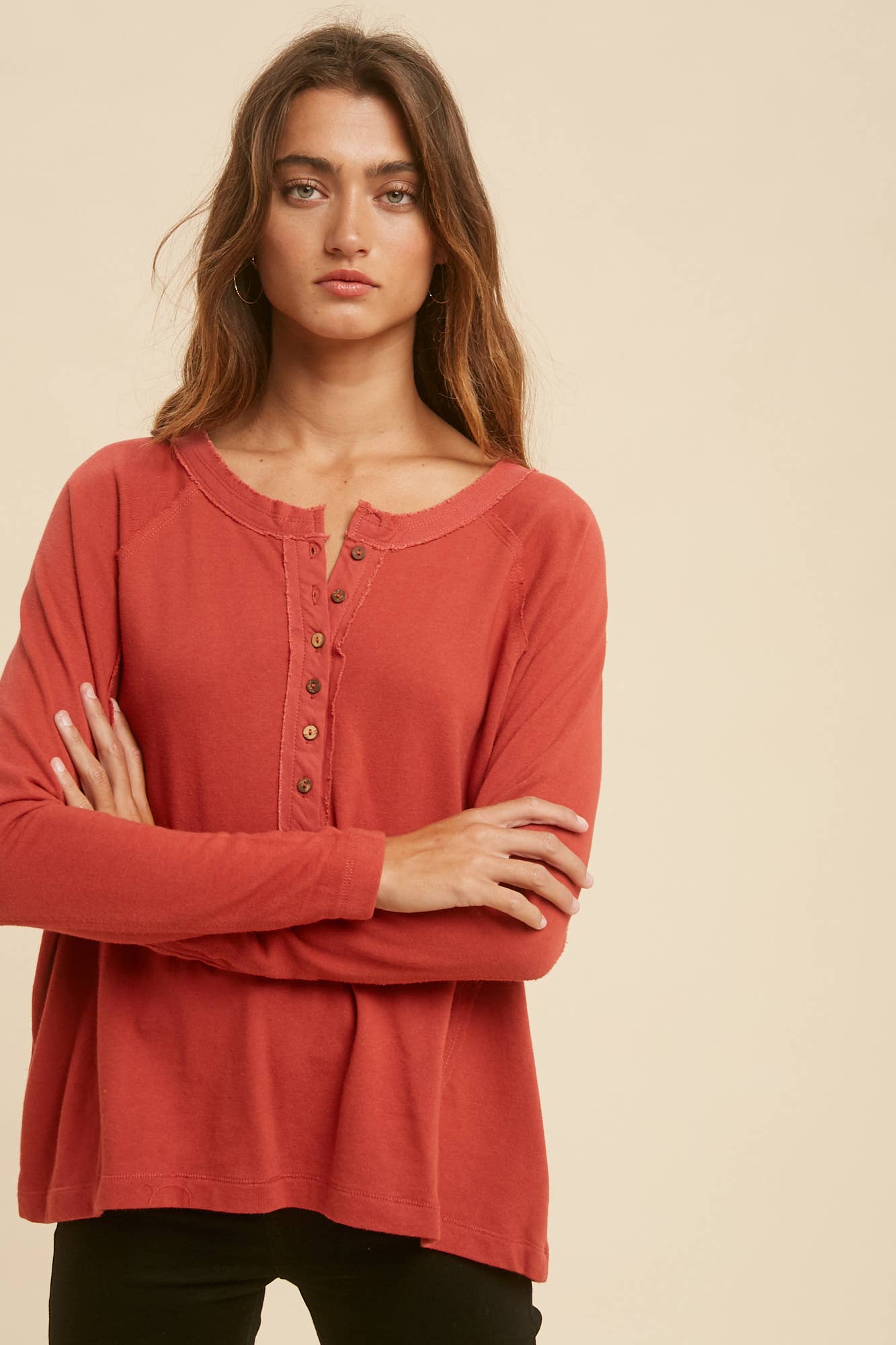 In Loom - FRAYED EDGE LONG SLEEVE HENLEY TOP: BURNT GINGER