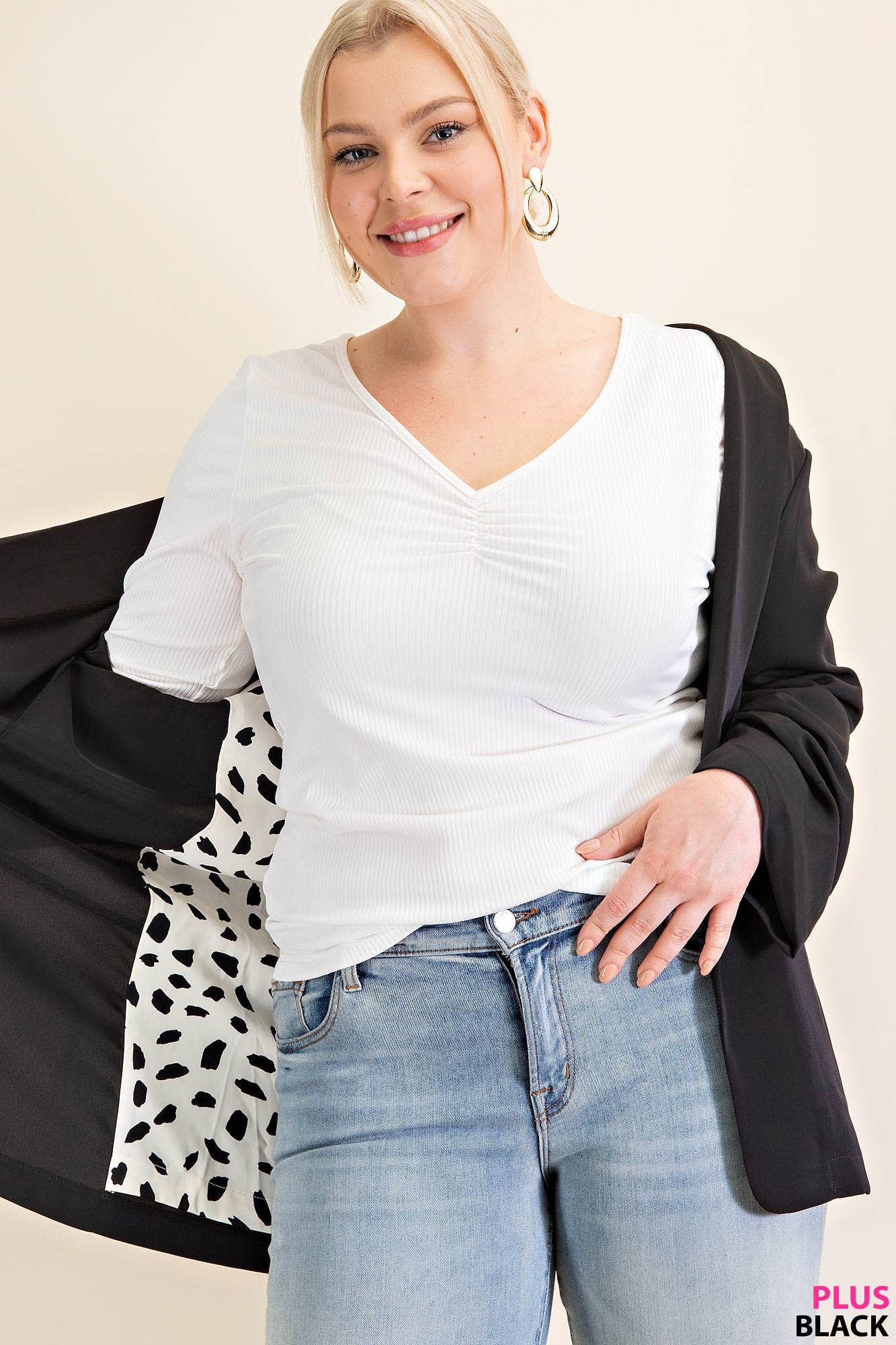 KORI - PLUS RUCHED SLEEVE ANIMAL PRINTED LINED OPEN BLAZER: BLACK