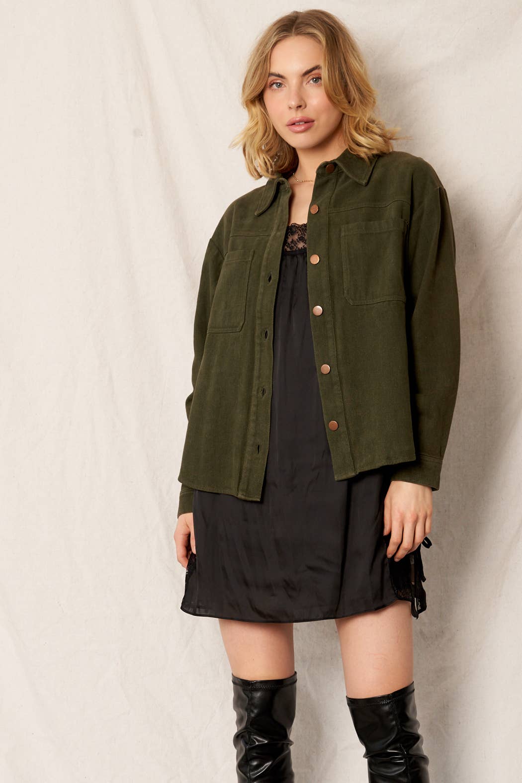En Crème - Long Sleeve Denim Shirt Jacket: Olive
