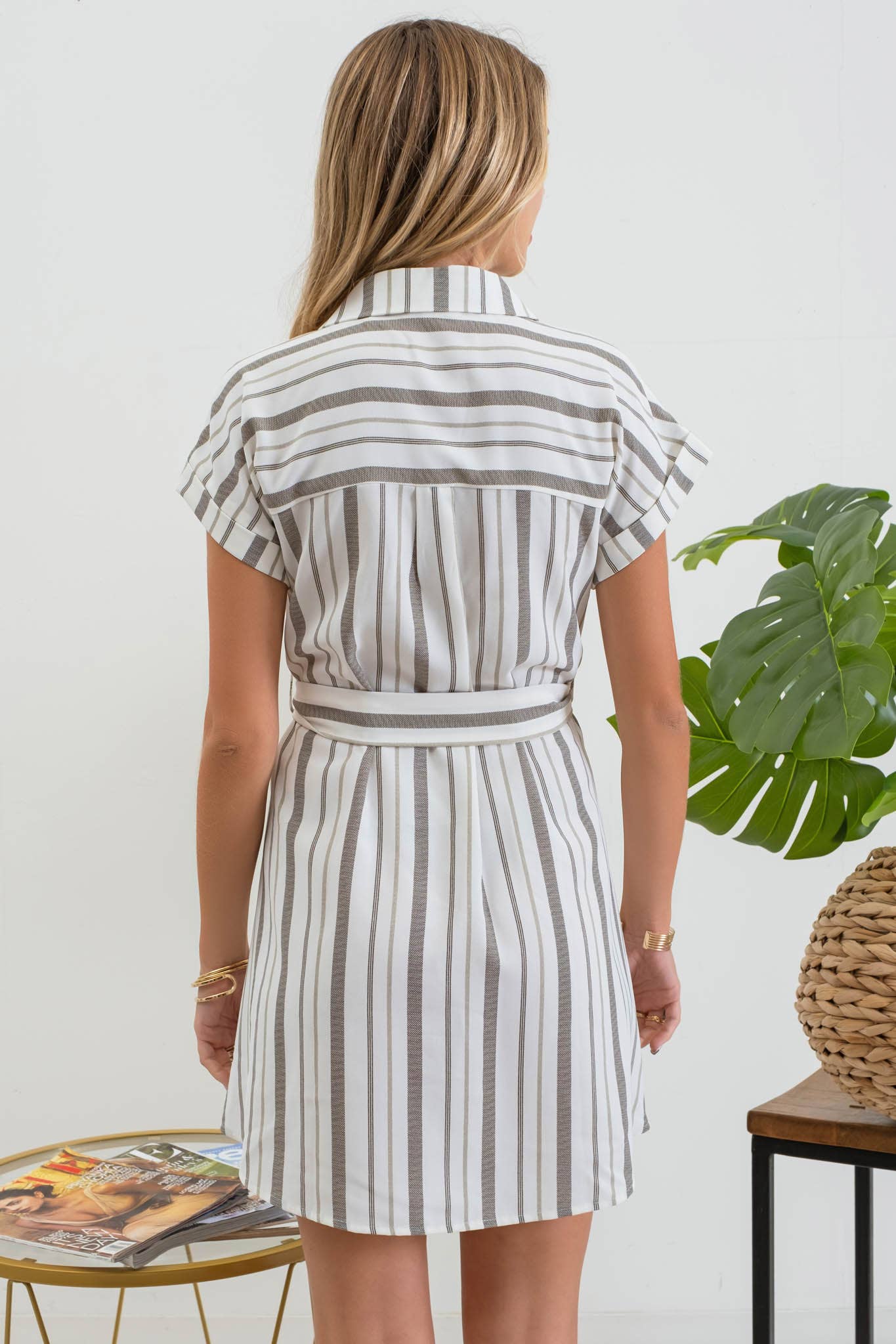 Blu Pepper - STRIPED BELTED SHIRT DRESS: LIGHT OLIVE MULTI