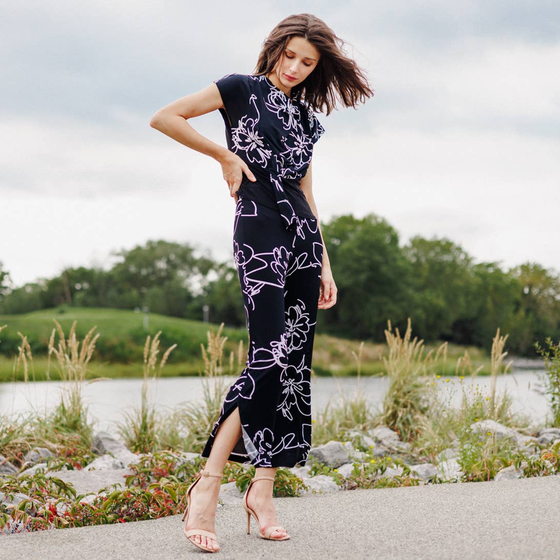 Clara Sunwoo - PT28P1 - Crepe Knit - Side Slit Ankle Pant - Blossom Sketch: Black/White / M