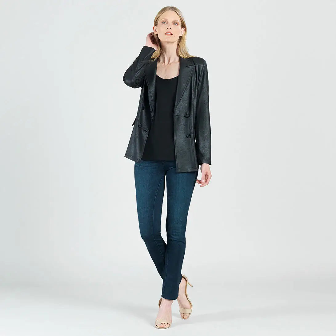 Clara Sunwoo Liquid Leather ™ Double Breasted Blazer: Black