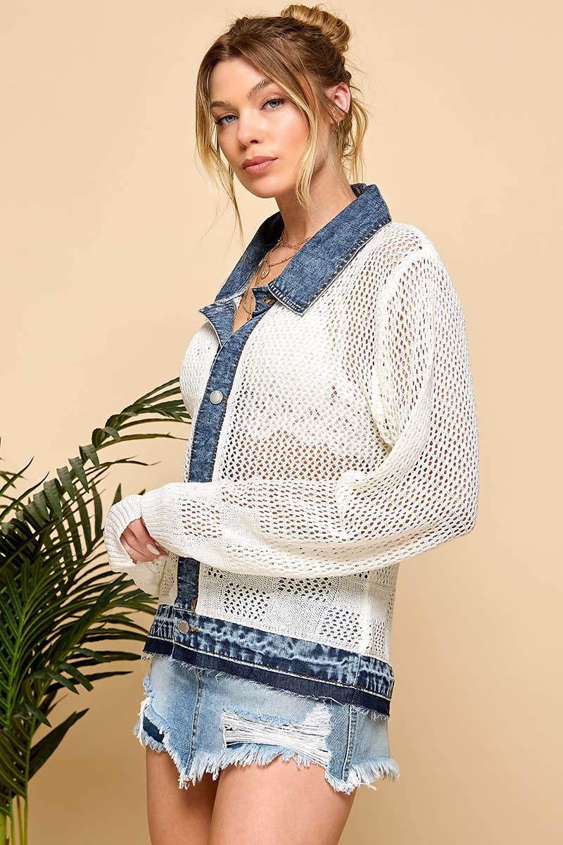 Cezele - Light Mesh Jacket with Denim Collar in White