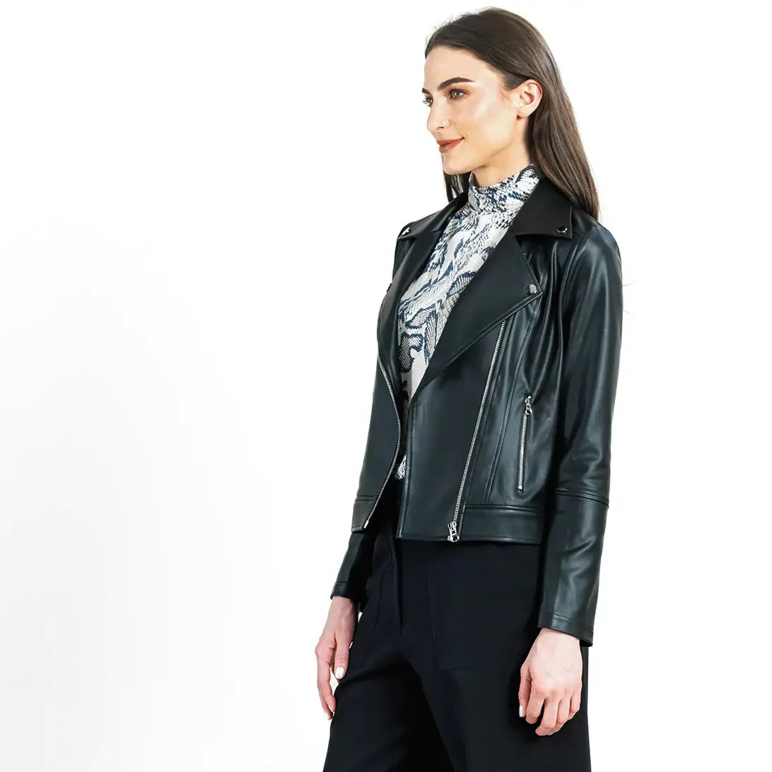 Clara Sunwoo - Liquid Leather ™ Sheen Moto Zip Jacket: BLACK