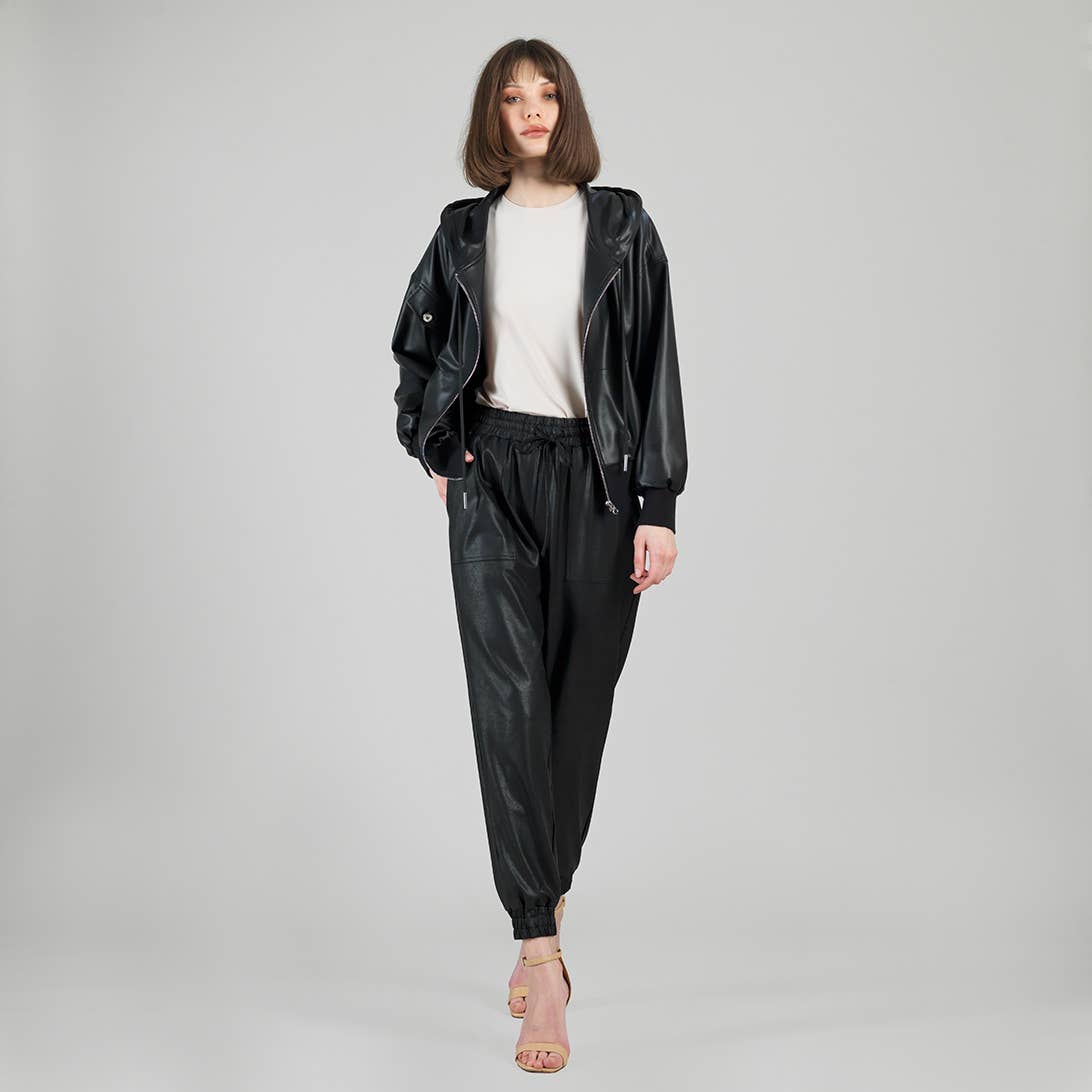 Clara Sunwoo - JKHD - Liquid Leather™ Hooded Drawstring Track Jacket: Black