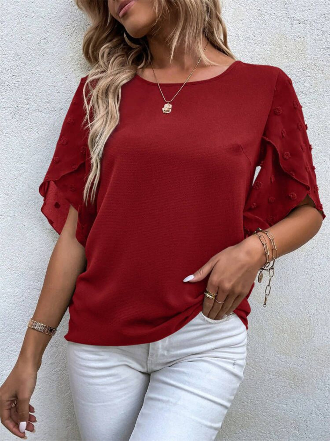 ONLINE ONLY! Swiss Dot Round Neck Half Sleeve Blouse