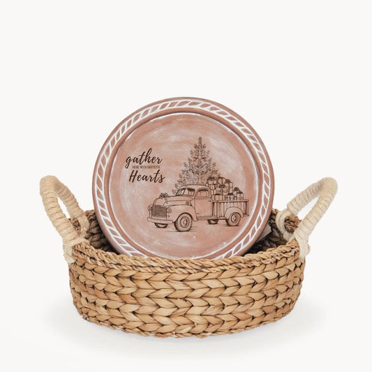 KORISSA - Handmade Bread Warmer & Wicker Basket - Christmas Round: Truck with Tree