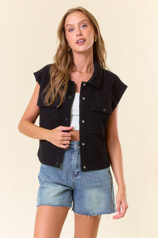 Doe and Rae - Quilted Point Collar Flap Patched Pocket Vest - Black