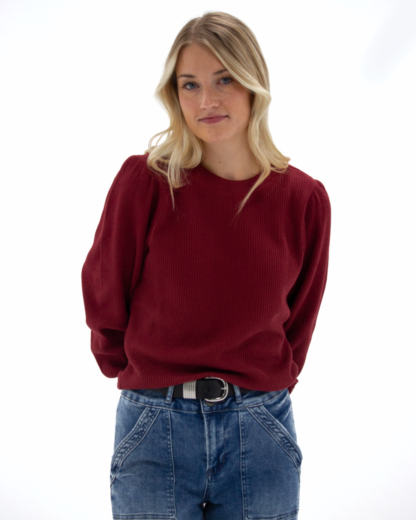 Downeast - Best Days Bishop Long Sleeve Waffle Knit Pullover Top: Biking Red