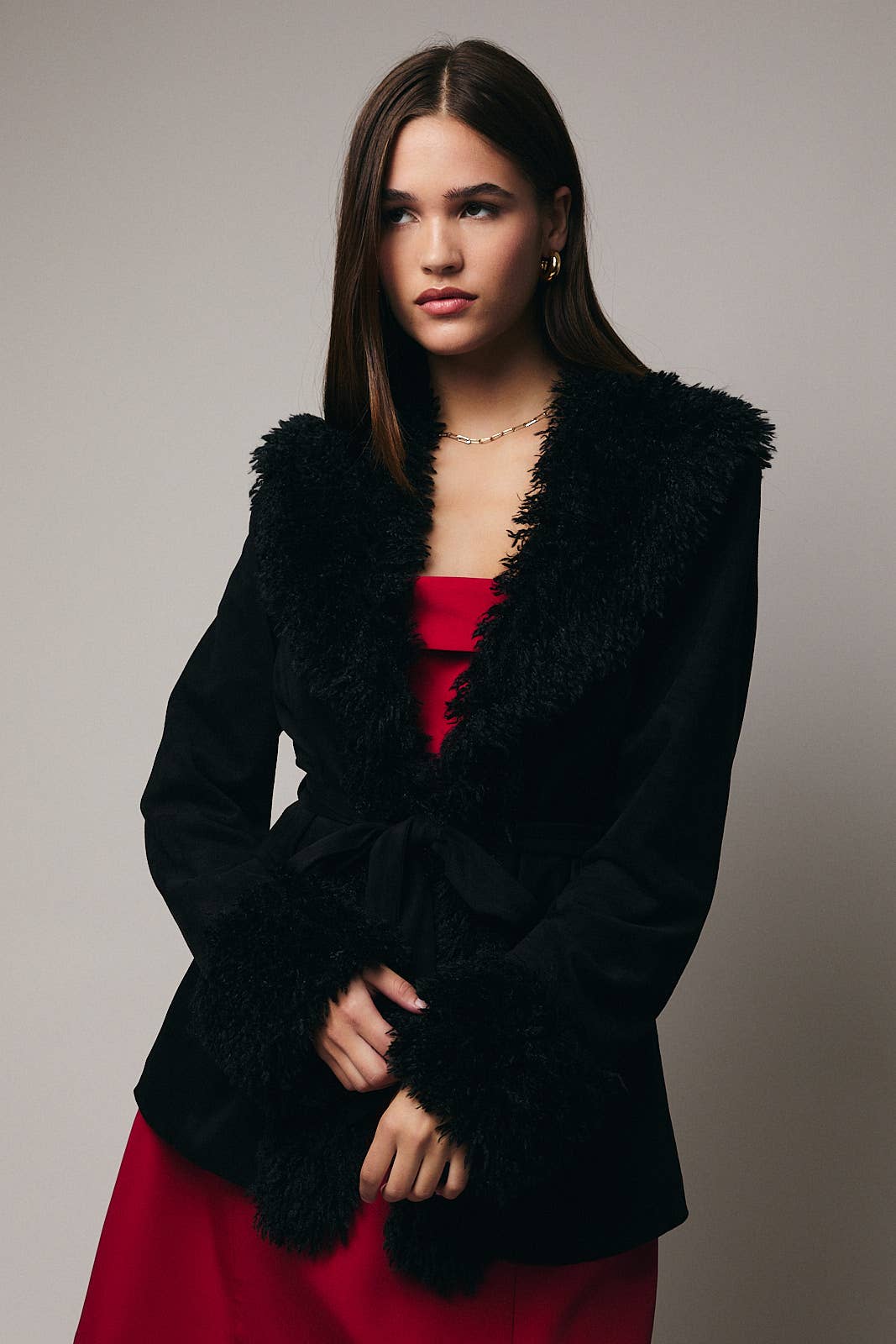 Sunday Edition by LE LIS - LONG SLEEVE FAUX FUR DETAILED SUEDE JACKET: Black
