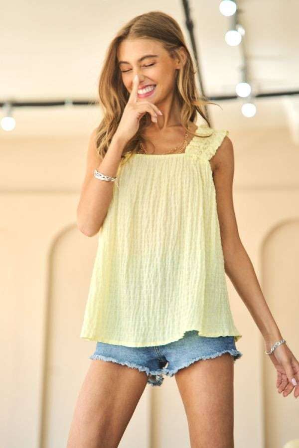 Davi & Dani - TEXTURED FABRIC SHIRRED STRAPS SUMMER BABYDOLL TOP Lemon