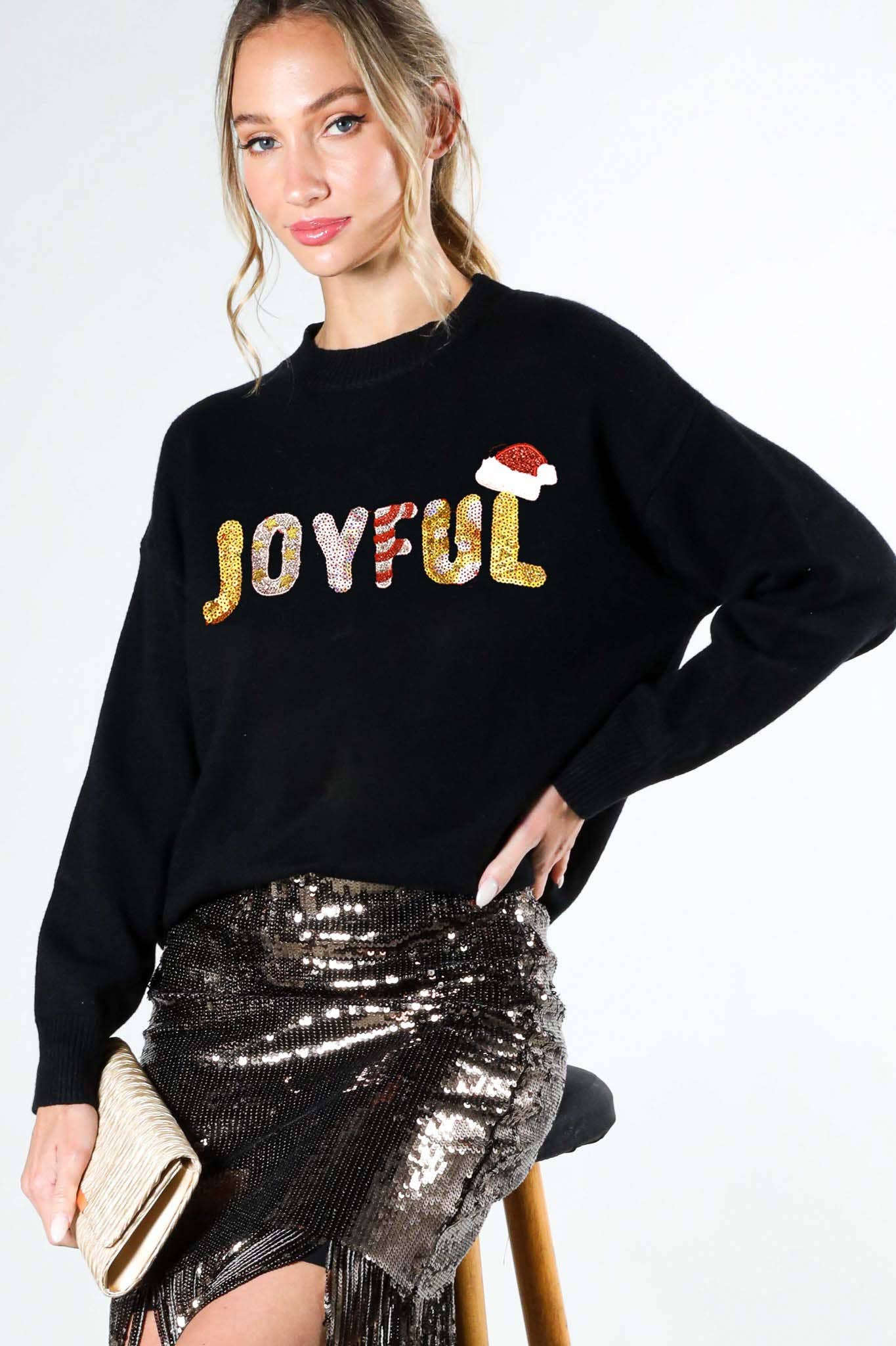 Vine & Love - Joyful Colorful Letter Sequin Crew Neck Knit Sweater in BLACK