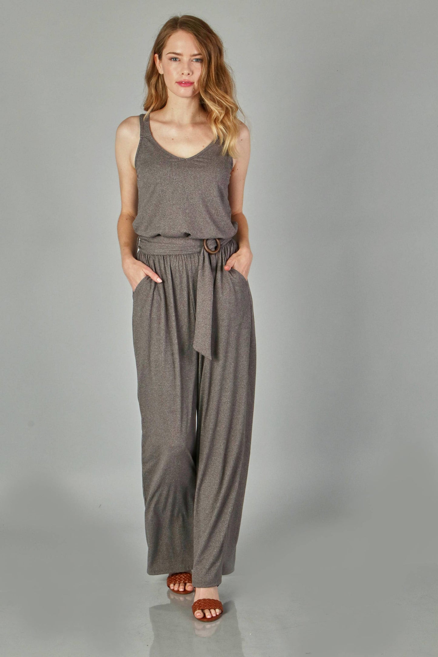 Peace Love Line - TWO TONE RIBBED KNIT JUMPSUIT: CHARCOAL