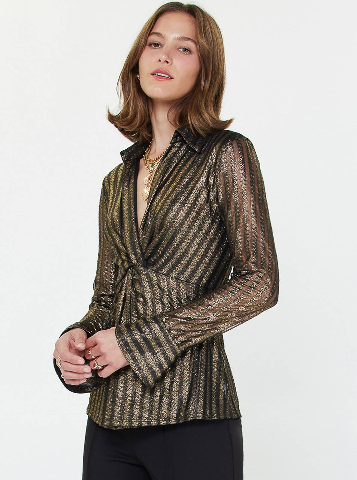 Current Air - Metallic Striped Twist-Front Blouse: BLACK-GOLD