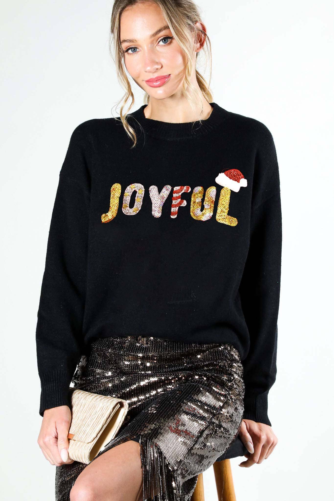 Vine & Love - Joyful Colorful Letter Sequin Crew Neck Knit Sweater in BLACK