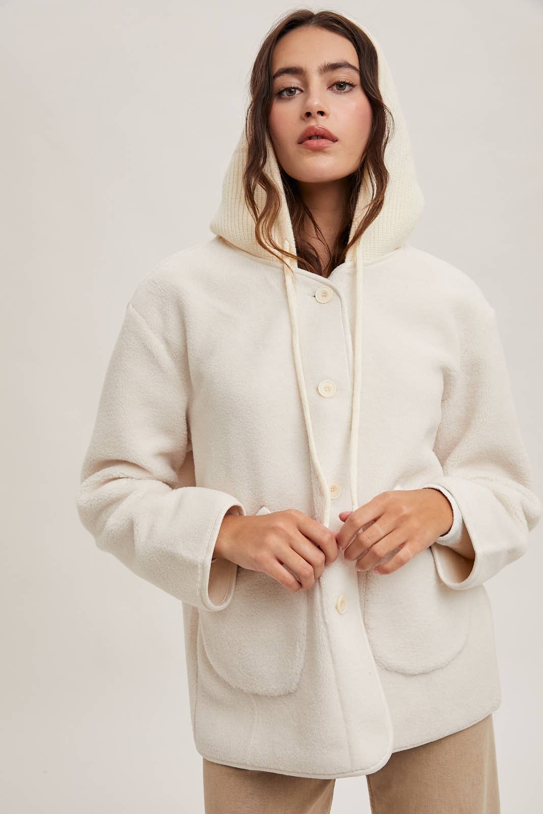 Bluivy - Fleece Hooded Button-Down Jacket Inner Faux Suede in IVORY