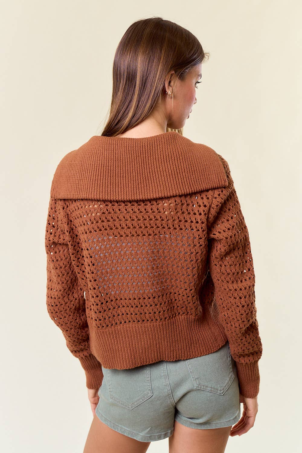 Doe and Rae - Zip-Up Pointelle Open Knit Sweater Jacket - Caramel