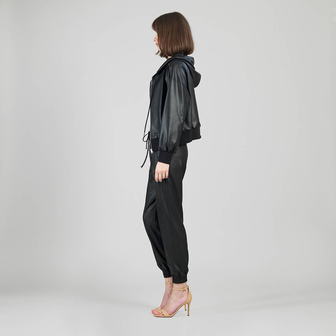Clara Sunwoo - JKHD - Liquid Leather™ Hooded Drawstring Track Jacket: Black