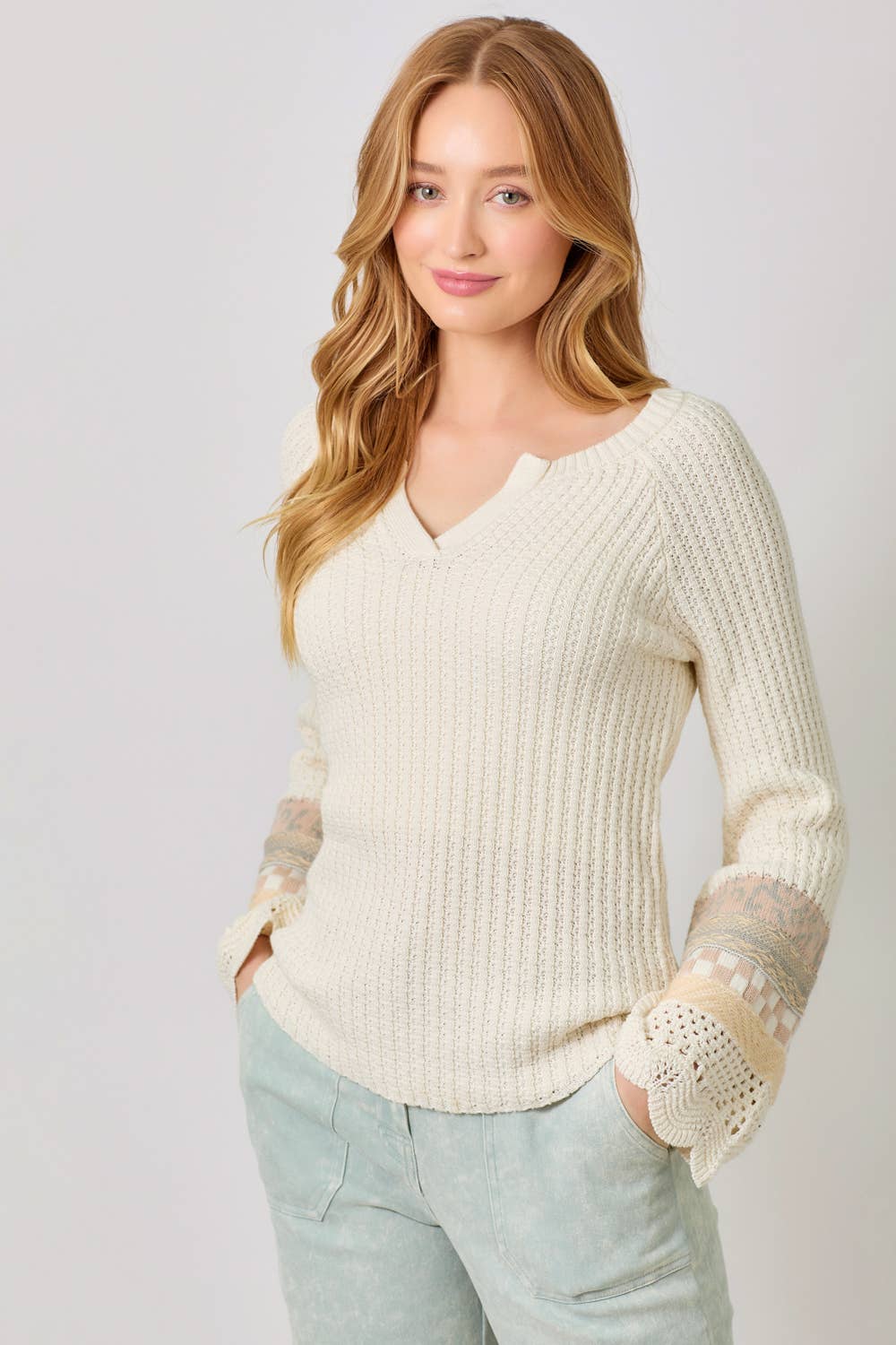 Mixed Sleeve Henley Sweater in Ivory
